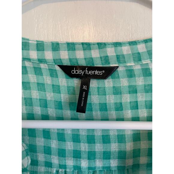 Daisy Fuentes green gingham sheer blouse buttons long sleeve lightweight top XL - Picture 6 of 8